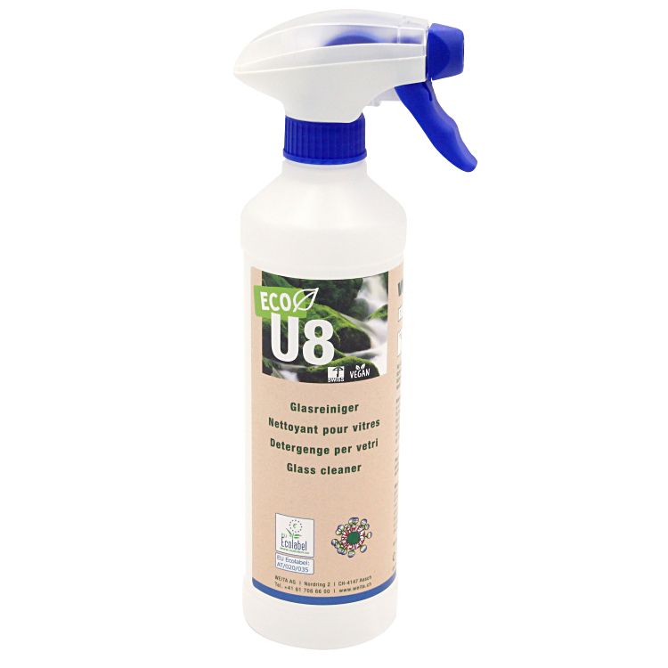 U8 ECO Nettoyant pour vitres et mirroirs. Sèche rapidement en diverses tailles